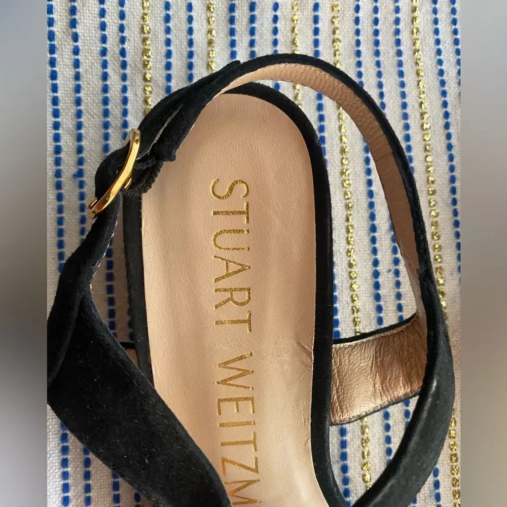 Stuart Weitzman Shalena Black Suede Strappy Sandal Buckle Sz  4 NEW